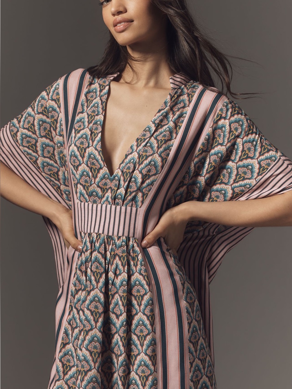 Anthropologie Kaftan Conditions Apply V-Neck Dress New Pink Pattern One Size - Picture 2 of 15